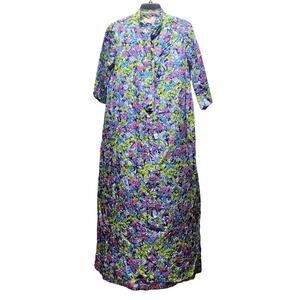 Vtg Marilyn Multicolor Textured House Coat Dress Full Length Maxi 3/4 Sleeve Rob
